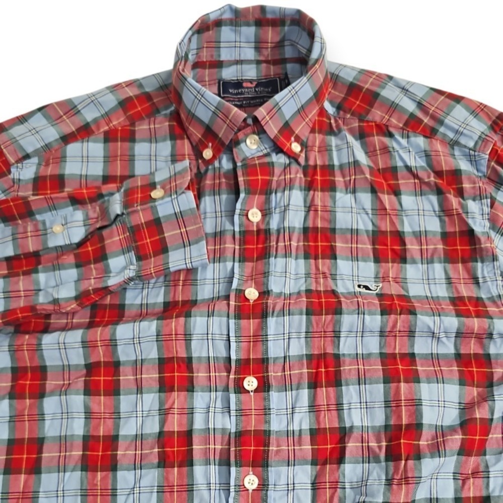 Vineyard Vines Classic Fit Whale Shirt Medium Red, Blue‎ Plaid